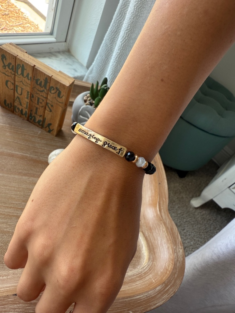 Amazing Grace Black Beaded Stretch Bracelet with Gold Accent - Picture 9 of 11